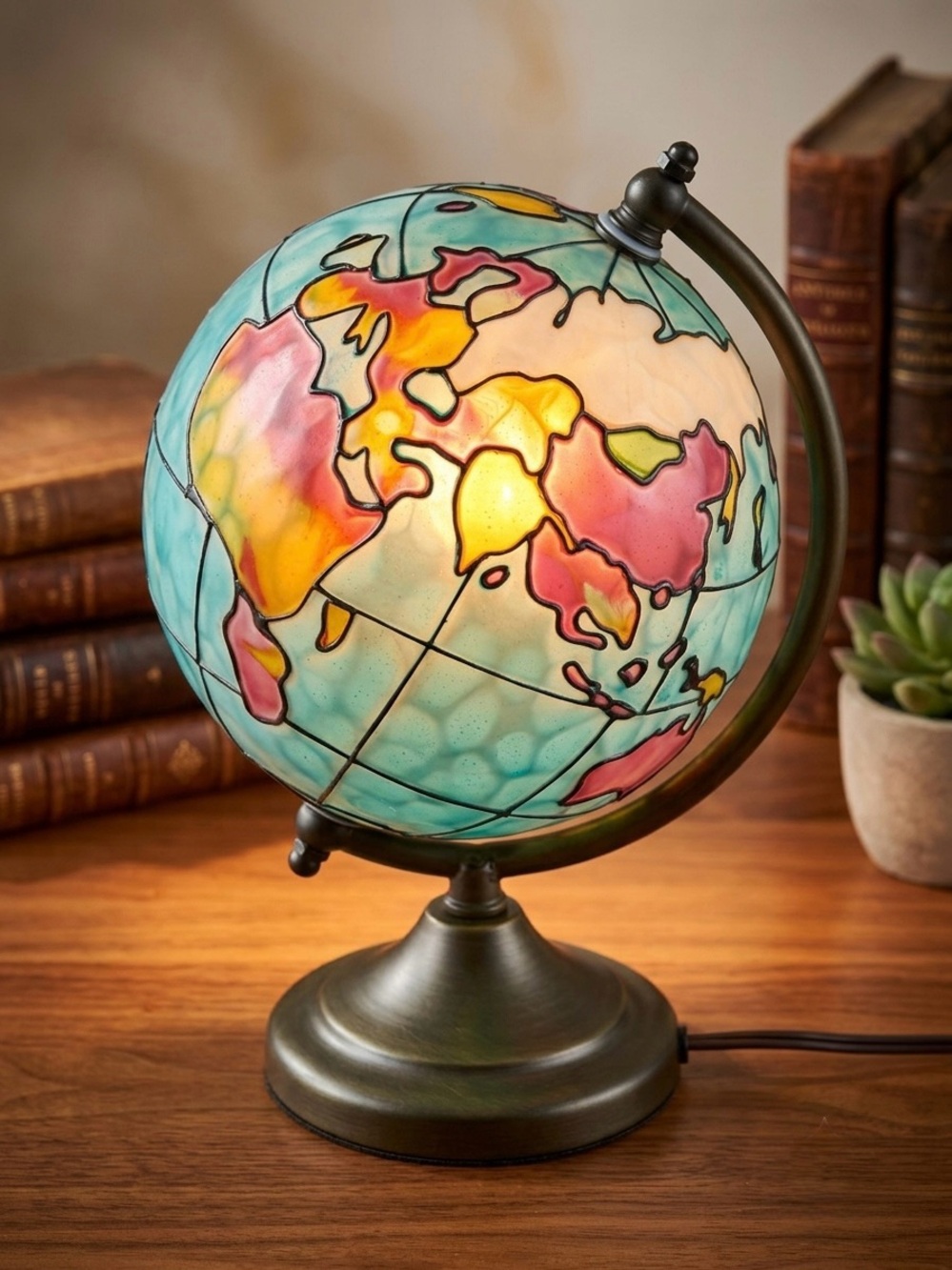 Vintage Tiffany Style Stained Glass Globe Table Lamp | Colorful World Map Light